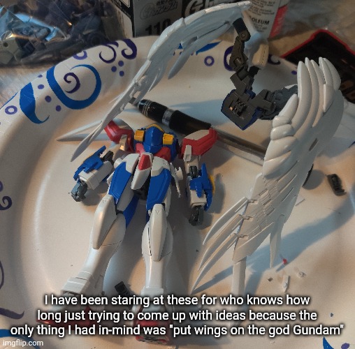 I'm also trying to avoid building most of the rg wing Gundam because it'll take WAY longer than a high grade | I have been staring at these for who knows how long just trying to come up with ideas because the only thing I had in-mind was "put wings on the god Gundam" | made w/ Imgflip meme maker