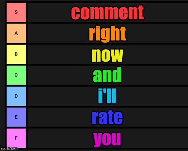 Tier List | comment; right; now; and; i'll; rate; you | image tagged in tier list | made w/ Imgflip meme maker
