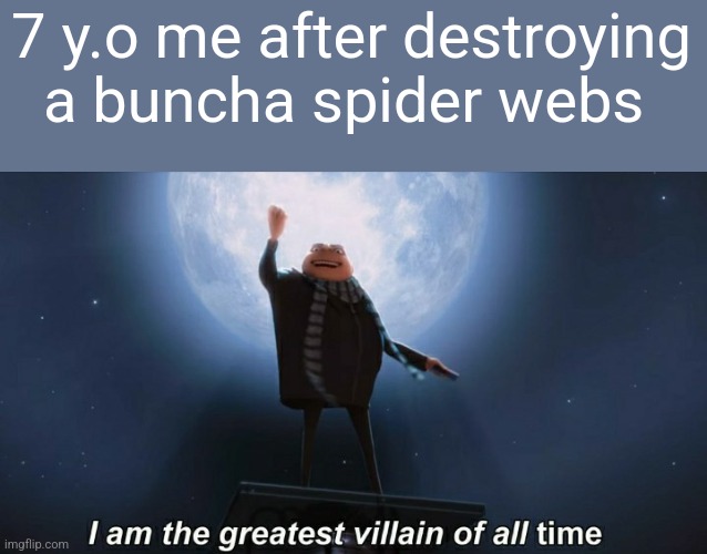 Mwah ha ha ha | 7 y.o me after destroying a buncha spider webs | image tagged in i am the greatest villain of all time,memes,gru,funny,childhood | made w/ Imgflip meme maker