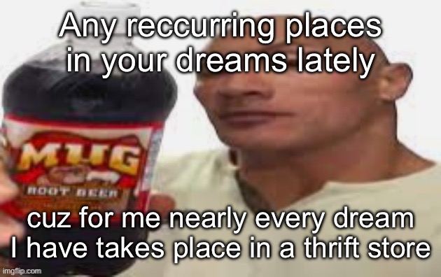 just making sure Im not losing it | Any reccurring places in your dreams lately; cuz for me nearly every dream I have takes place in a thrift store | image tagged in the rock mug root beer | made w/ Imgflip meme maker