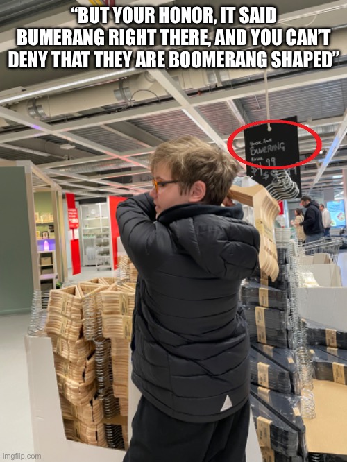 Ikea hangers | “BUT YOUR HONOR, IT SAID BUMERANG RIGHT THERE, AND YOU CAN’T DENY THAT THEY ARE BOOMERANG SHAPED” | made w/ Imgflip meme maker