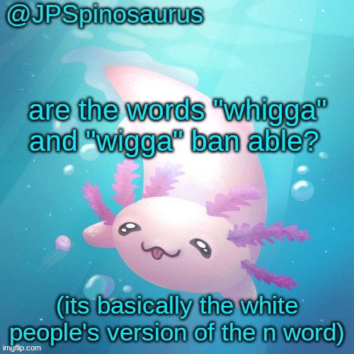 JPSpinosaurus axolotl temp v2 | are the words "whigga" and "wigga" ban able? (its basically the white people's version of the n word) | image tagged in jpspinosaurus axolotl temp v2 | made w/ Imgflip meme maker