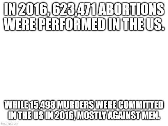 Women kill more than men. | IN 2016, 623,471 ABORTIONS WERE PERFORMED IN THE US. WHILE 15,498 MURDERS WERE COMMITTED IN THE US IN 2016, MOSTLY AGAINST MEN. | image tagged in blank white template,men vs women | made w/ Imgflip meme maker
