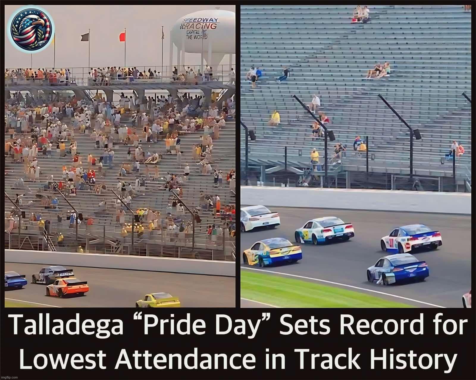 Talladega “Pride Day” Sets Record for Lowest Attendance in Track History | image tagged in talladega nights,talladega speeway,woke,lgbtq epic fail,let's go bully the queers,perverts | made w/ Imgflip meme maker