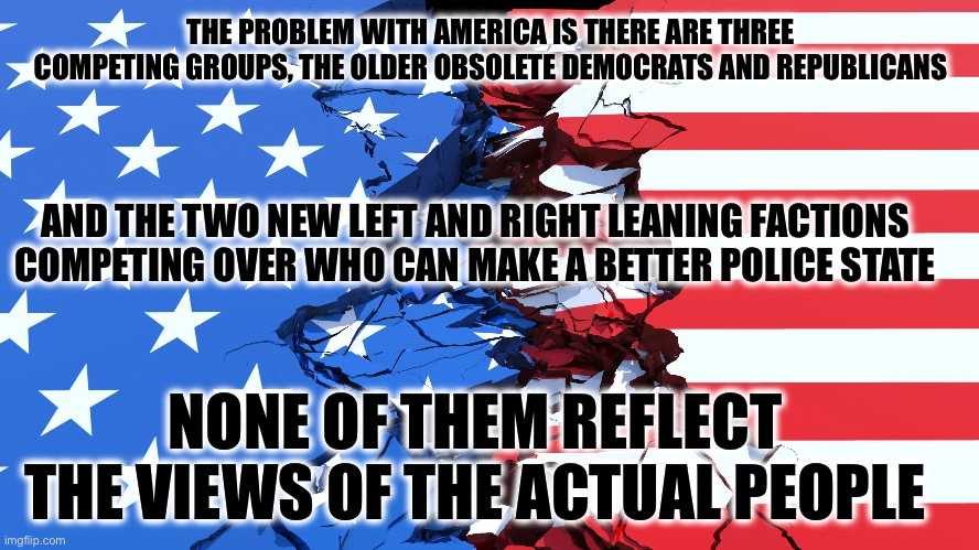 America Divided | THE PROBLEM WITH AMERICA IS THERE ARE THREE COMPETING GROUPS, THE OLDER OBSOLETE DEMOCRATS AND REPUBLICANS; AND THE TWO NEW LEFT AND RIGHT LEANING FACTIONS COMPETING OVER WHO CAN MAKE A BETTER POLICE STATE; NONE OF THEM REFLECT THE VIEWS OF THE ACTUAL PEOPLE | image tagged in memes,new normal,liberal vs conservative,america | made w/ Imgflip meme maker