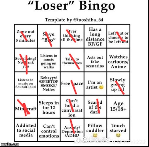 I'm a loser. (Jay:  nuh uh) | image tagged in loser bingo | made w/ Imgflip meme maker
