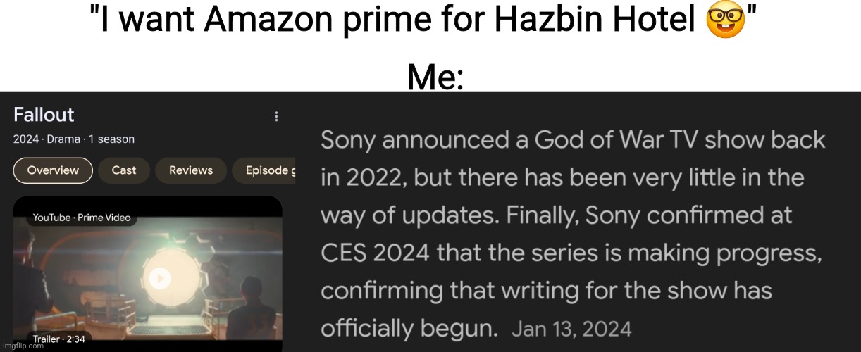 "I want Amazon prime for Hazbin Hotel 🤓"; Me: | made w/ Imgflip meme maker