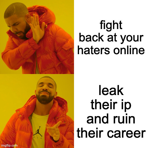 how to handle haters online | fight back at your haters online; leak their ip and ruin their career | image tagged in memes,drake hotline bling | made w/ Imgflip meme maker