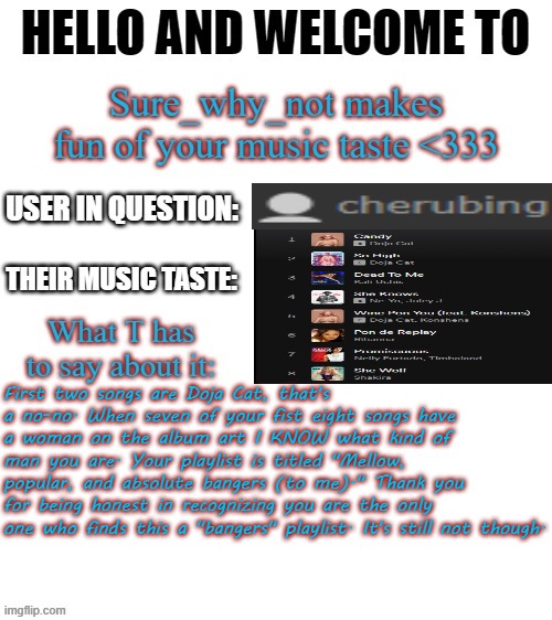 T makes fun of your music taste | First two songs are Doja Cat, that's a no-no. When seven of your fist eight songs have a woman on the album art I KNOW what kind of man you are. Your playlist is titled "Mellow, popular, and absolute bangers (to me)." Thank you for being honest in recognizing you are the only one who finds this a "bangers" playlist. It's still not though. | image tagged in t makes fun of your music taste | made w/ Imgflip meme maker