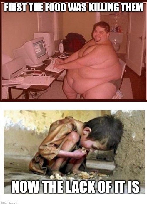 FIRST THE FOOD WAS KILLING THEM NOW THE LACK OF IT IS | image tagged in obese guy,starving child | made w/ Imgflip meme maker