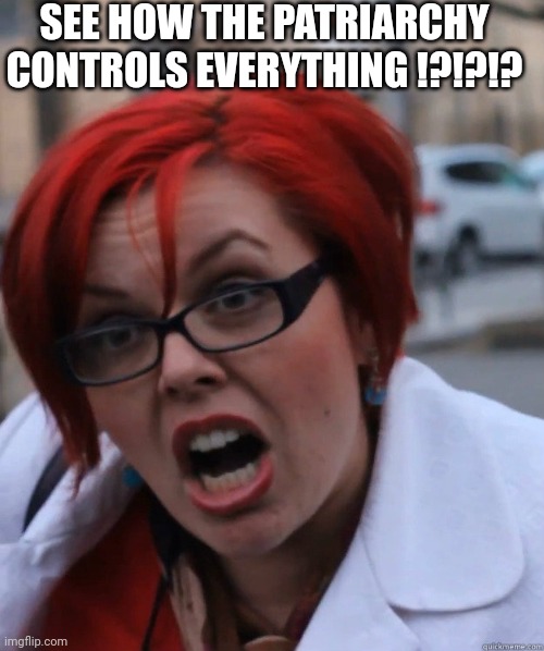 Feminist Face | SEE HOW THE PATRIARCHY CONTROLS EVERYTHING !?!?!? | image tagged in feminist face | made w/ Imgflip meme maker