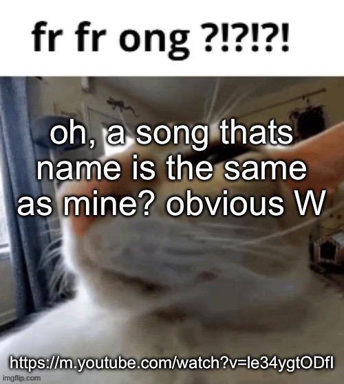 fr fr ong | oh, a song thats name is the same as mine? obvious W; https://m.youtube.com/watch?v=le34ygtODfI | image tagged in fr fr ong | made w/ Imgflip meme maker