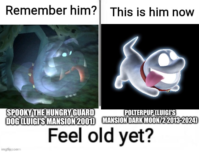 Luigi's Mansion Dogs | POLTERPUP (LUIGI'S MANSION DARK MOON/2 2013-2024); SPOOKY THE HUNGRY GUARD DOG (LUIGI'S MANSION 2001) | image tagged in remember him,luigi,video games,nintendo,memes,dogs | made w/ Imgflip meme maker
