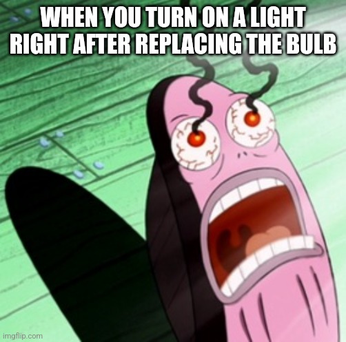 SO BRIGHT | WHEN YOU TURN ON A LIGHT RIGHT AFTER REPLACING THE BULB | image tagged in burning eyes | made w/ Imgflip meme maker