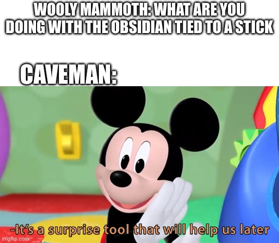Unga bunga | WOOLY MAMMOTH: WHAT ARE YOU DOING WITH THE OBSIDIAN TIED TO A STICK; CAVEMAN: | image tagged in it s a surprise tool,caveman,prehistory,history memes | made w/ Imgflip meme maker