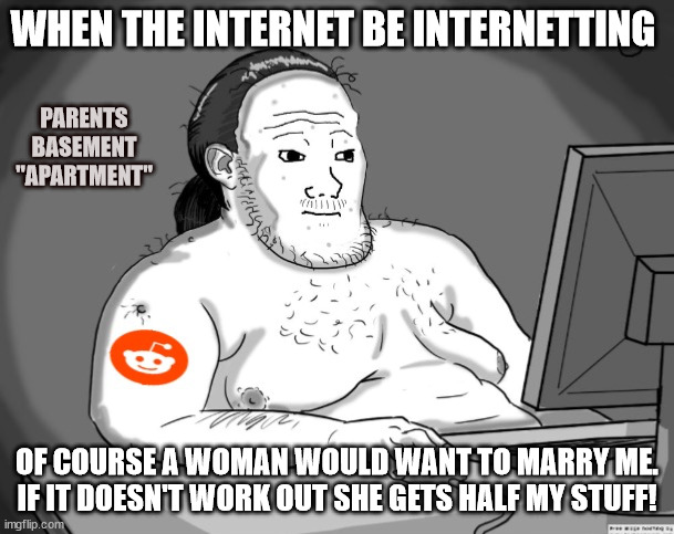 Never get married | WHEN THE INTERNET BE INTERNETTING; PARENTS
BASEMENT "APARTMENT"; OF COURSE A WOMAN WOULD WANT TO MARRY ME. IF IT DOESN'T WORK OUT SHE GETS HALF MY STUFF! | image tagged in average redditor | made w/ Imgflip meme maker