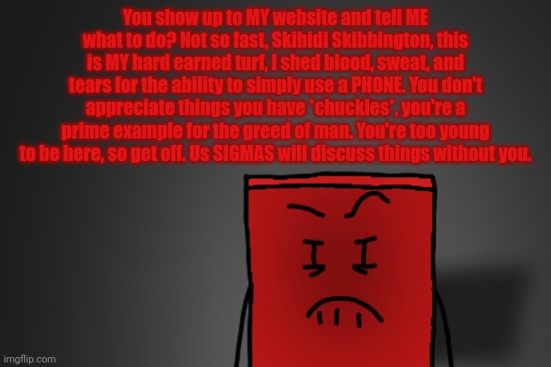 Angry Cube | You show up to MY website and tell ME what to do? Not so fast, Skibidi Skibbington, this is MY hard earned turf, I shed blood, sweat, and tears for the ability to simply use a PHONE. You don't appreciate things you have *chuckles*, you're a prime example for the greed of man. You're too young to be here, so get off. Us SIGMAS will discuss things without you. | image tagged in angry cube | made w/ Imgflip meme maker