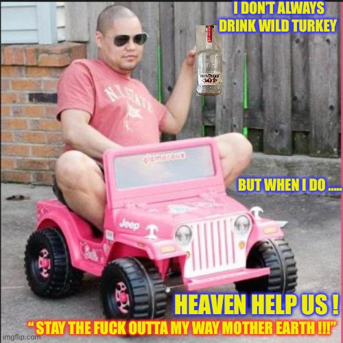 OH SHIT !!!  STOP THAT FOOL !  : ) | I DON’T ALWAYS DRINK WILD TURKEY; BUT WHEN I DO ….. HEAVEN HELP US ! “ STAY THE FUCK OUTTA MY WAY MOTHER EARTH !!!” | image tagged in saturday | made w/ Imgflip meme maker
