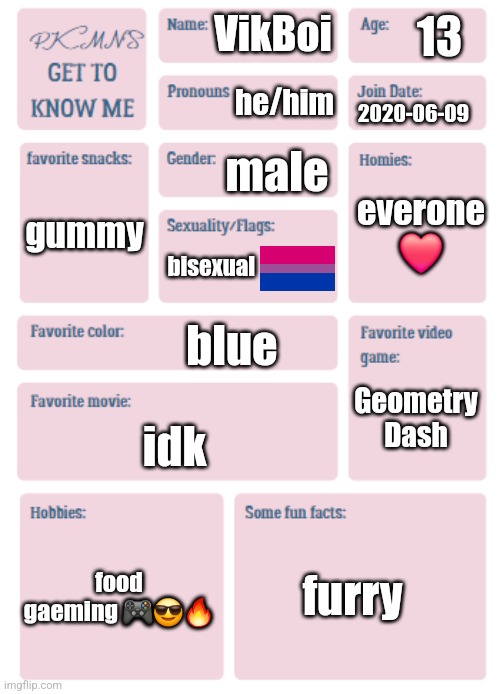 PKMN's Get to Know Me | 13; VikBoi; he/him; 2020-06-09; male; everone ❤️; gummy; bisexual; blue; Geometry Dash; idk; furry; food
gaeming 🎮😎🔥 | image tagged in pkmn's get to know me | made w/ Imgflip meme maker