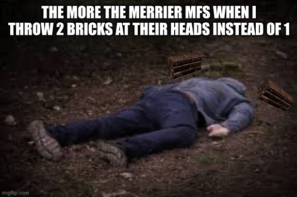 Dead Body | THE MORE THE MERRIER MFS WHEN I THROW 2 BRICKS AT THEIR HEADS INSTEAD OF 1 | image tagged in dead body,brick,memes,random | made w/ Imgflip meme maker