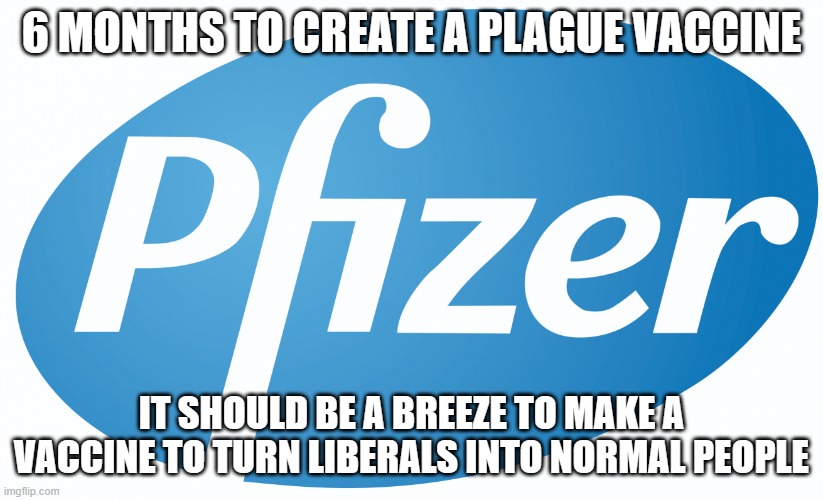 pfizer | 6 MONTHS TO CREATE A PLAGUE VACCINE; IT SHOULD BE A BREEZE TO MAKE A VACCINE TO TURN LIBERALS INTO NORMAL PEOPLE | image tagged in pfizer | made w/ Imgflip meme maker