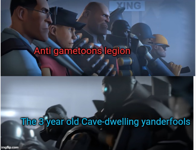 Mann vs. Machine | Anti gametoons legion The 3 year old Cave-dwelling yanderfools | image tagged in mann vs machine | made w/ Imgflip meme maker