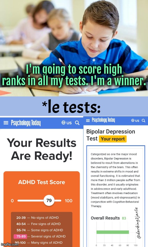 Good Results | I'm going to score high ranks in all my tests. I'm a winner. *le tests:; @darking2jarlie | image tagged in kid in school,depression,bipolar,adhd,dark humor | made w/ Imgflip meme maker