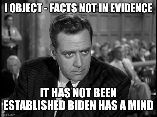 Perry mason stare | I OBJECT - FACTS NOT IN EVIDENCE IT HAS NOT BEEN ESTABLISHED BIDEN HAS A MIND | image tagged in perry mason stare | made w/ Imgflip meme maker
