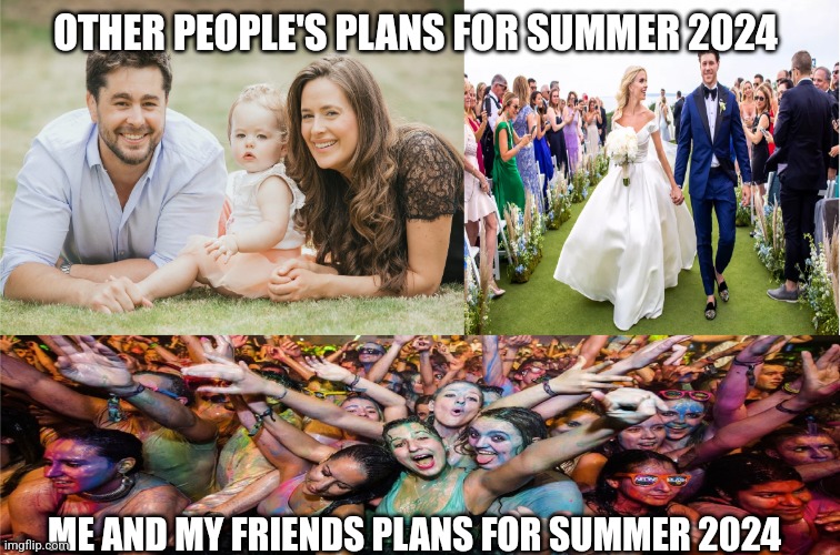 Roll on the summer! | OTHER PEOPLE'S PLANS FOR SUMMER 2024; ME AND MY FRIENDS PLANS FOR SUMMER 2024 | image tagged in family wedding and party,memes,sesh | made w/ Imgflip meme maker