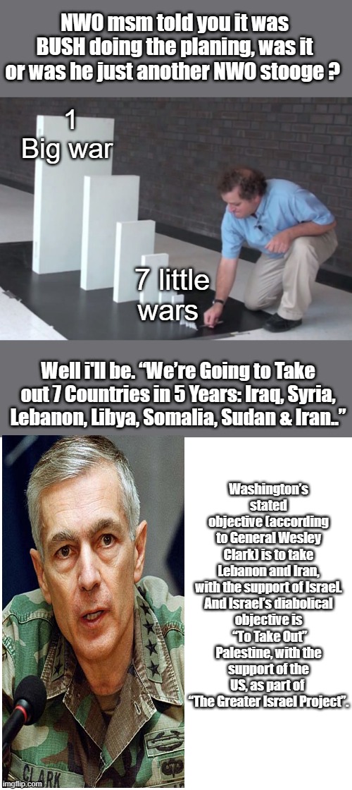 Now you know why they hate Trump so much he delayed um 4 years in the timeline & they know people are seeing the truth now. | NWO msm told you it was BUSH doing the planing, was it or was he just another NWO stooge ? 1 Big war; 7 little wars; Well i'll be. “We’re Going to Take out 7 Countries in 5 Years: Iraq, Syria, Lebanon, Libya, Somalia, Sudan & Iran..”; Washington’s stated objective (according to General Wesley Clark) is to take Lebanon and Iran, with the support of Israel.

And Israel’s diabolical objective is  “To Take Out” Palestine, with the support of the US, as part of  “The Greater Israel Project”. | image tagged in domino effect,memes,blank transparent square | made w/ Imgflip meme maker