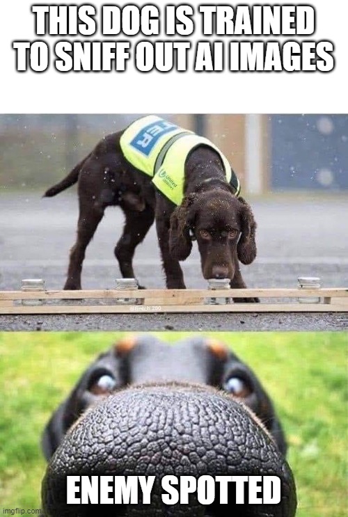 THIS DOG IS TRAINED TO SNIFF OUT AI IMAGES ENEMY SPOTTED | image tagged in this dog is trained to sniff out x | made w/ Imgflip meme maker