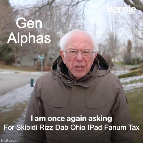 I Cannot STOP Shaming Gen Alpha | Gen Alphas; For Skibidi Rizz Dab Ohio IPad Fanum Tax | image tagged in memes,bernie i am once again asking for your support,gen alpha,fyp,relatable,alpha | made w/ Imgflip meme maker