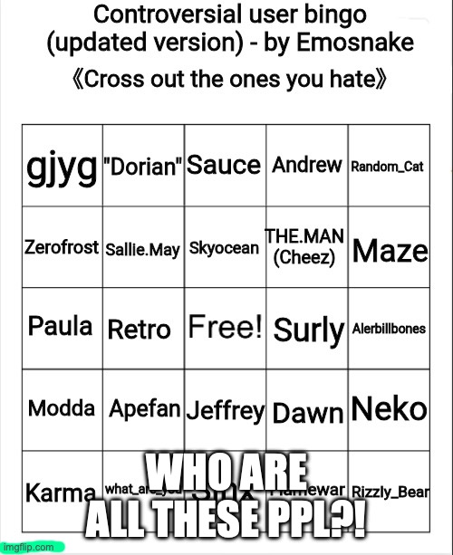 huh | WHO ARE ALL THESE PPL?! | image tagged in controversial user bingo updated version - by emosnake | made w/ Imgflip meme maker