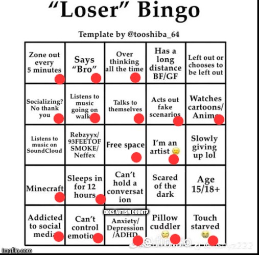 I'm a 2x loser :=) | DOES AUTISM COUNT? | image tagged in loser bingo | made w/ Imgflip meme maker