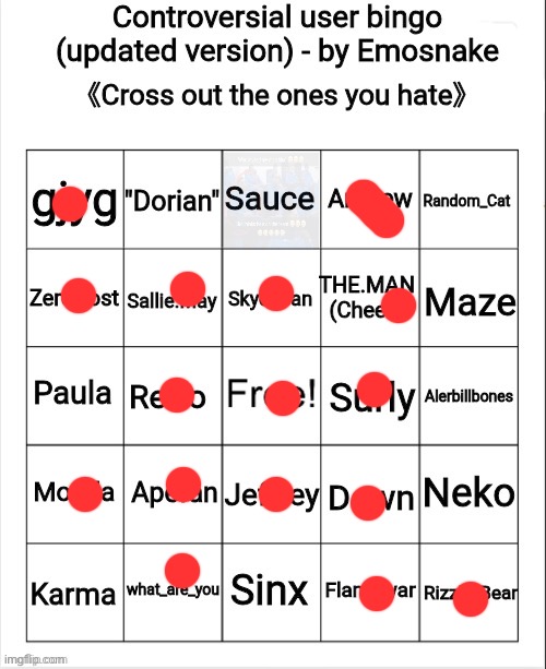 Controversial user bingo (updated version) - by Emosnake | image tagged in controversial user bingo updated version - by emosnake | made w/ Imgflip meme maker