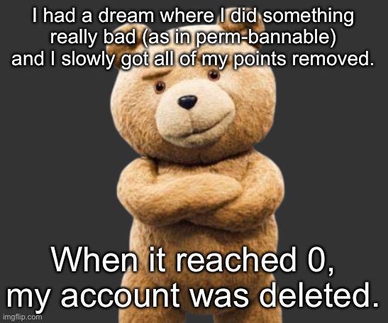 erm what the sigma- | I had a dream where I did something really bad (as in perm-bannable) and I slowly got all of my points removed. When it reached 0, my account was deleted. | image tagged in ted png | made w/ Imgflip meme maker