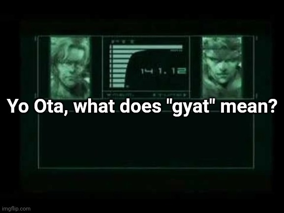 Solid Snake and Otacon | Yo Ota, what does "gyat" mean? | image tagged in solid snake and otacon | made w/ Imgflip meme maker