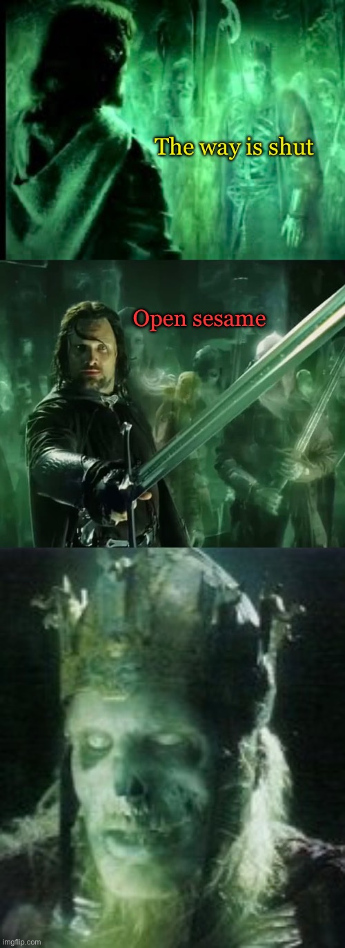 The secret password | The way is shut; Open sesame | image tagged in aragorn | made w/ Imgflip meme maker