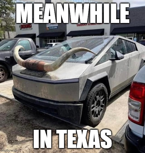 in Texas | MEANWHILE; IN TEXAS | image tagged in tesla,tesla truck,texas | made w/ Imgflip meme maker