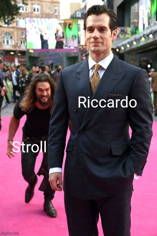 Jason Momoa Henry Cavill Meme | Riccardo; Stroll | image tagged in jason momoa henry cavill meme,formula 1,chinese,racing,open-wheel racing,crash | made w/ Imgflip meme maker