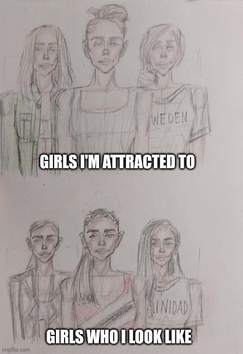 Who I Am Attracted To vs Who I Look Like | GIRLS I'M ATTRACTED TO; GIRLS WHO I LOOK LIKE | image tagged in drawings,girls,sweden,trinidad,color | made w/ Imgflip meme maker