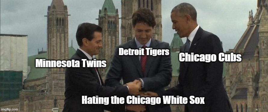 Not sure White Sox fans are happy rn | Detroit Tigers; Chicago Cubs; Minnesota Twins; Hating the Chicago White Sox | image tagged in justin trudeau handshake twister | made w/ Imgflip meme maker