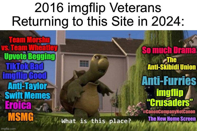 imgflip Will Never be the Same again. | 2016 imgflip Veterans Returning to this Site in 2024:; Team Morshu vs. Team Wheatley; So much Drama; Upvote Begging; The Anti-Skibidi Union; TikTok Bad imgflip Good; Anti-Furries; Anti-Taylor Swift Memes; imgflip “Crusaders”; Eroica; #CanonCompanyNotCanon; The New Home Screen; MSMG | image tagged in what is this place,memes,imgflip | made w/ Imgflip meme maker