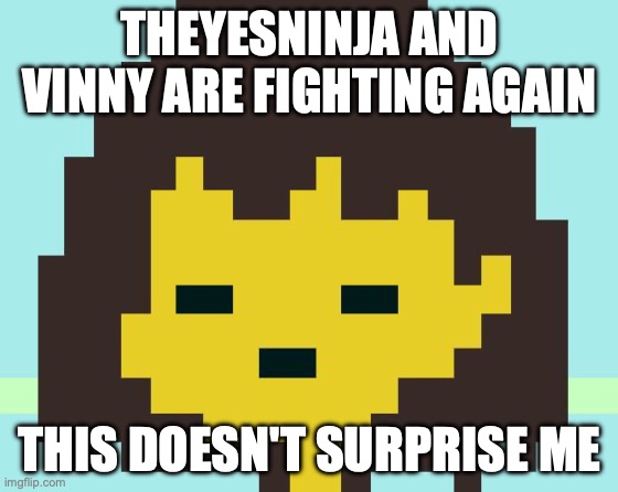 Frisk's face | THEYESNINJA AND VINNY ARE FIGHTING AGAIN; THIS DOESN'T SURPRISE ME | image tagged in frisk's face | made w/ Imgflip meme maker