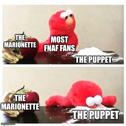 me included | THE MARIONETTE; MOST FNAF FANS; THE PUPPET; THE MARIONETTE; THE PUPPET | image tagged in elmo cocaine | made w/ Imgflip meme maker