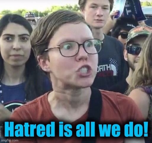 Triggered feminist | Hatred is all we do! | image tagged in triggered feminist | made w/ Imgflip meme maker