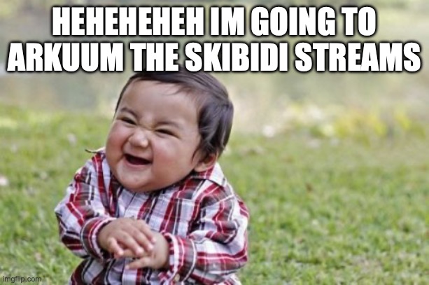 Evil Toddler Meme | HEHEHEHEH IM GOING TO ARKUUM THE SKIBIDI STREAMS | image tagged in memes,evil toddler | made w/ Imgflip meme maker
