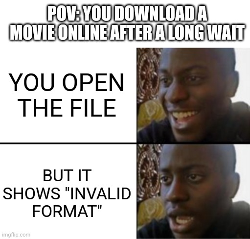 You download a movie online | POV: YOU DOWNLOAD A MOVIE ONLINE AFTER A LONG WAIT; YOU OPEN THE FILE; BUT IT SHOWS "INVALID FORMAT" | image tagged in oh yeah oh no,movies,sad,sad but true,bruh | made w/ Imgflip meme maker