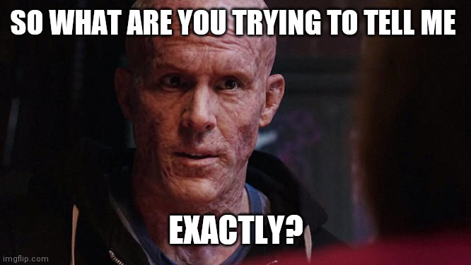 Exactly | SO WHAT ARE YOU TRYING TO TELL ME; EXACTLY? | image tagged in deadpool exactly | made w/ Imgflip meme maker