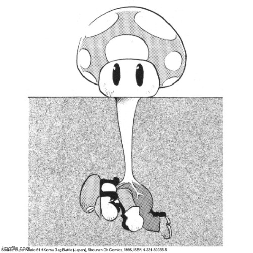 official nintendo art from 1996 implying that 1up mushrooms grow off of dead mario bodies, perpetuating a cycle of life and deat | made w/ Imgflip meme maker